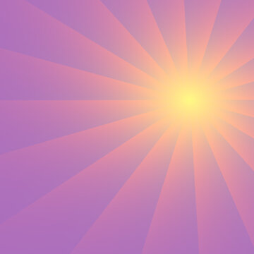 Grafica digitale sognante che ricorda un tramonto stilizzato o un'aurora radiale, I raggi sfumati nei toni del lilla e del lavanda convergono verso un centro dorato e brillante