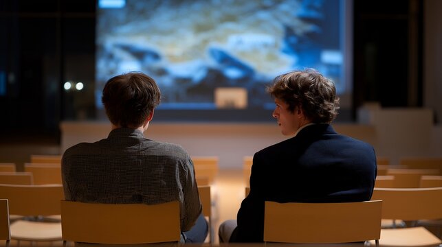 Two neurophilosophers debate beside a projected neural correlate map of consciousness, their silhouettes edged in twilight blue in a university seminar room lined with empty chairs, ideal for