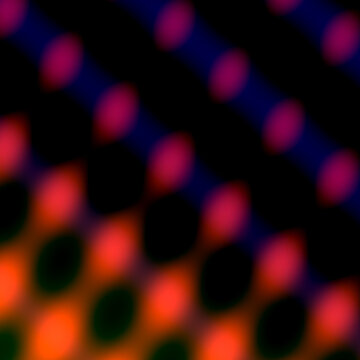Illustrazione astratta con pattern di luci sfocate in rosso, magenta e blu su fondo nero