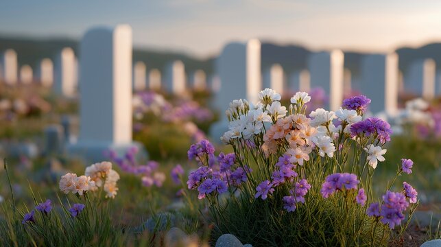 Sunlit military cemetery with rows of white headstones wrapped in spring wildflowers left by unseen visitors, a child's crayon drawing weighted by a small stone on one grave, ideal for fallen