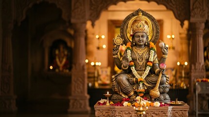 Fototapeta premium Ornate golden Buddha statue seated in a temple