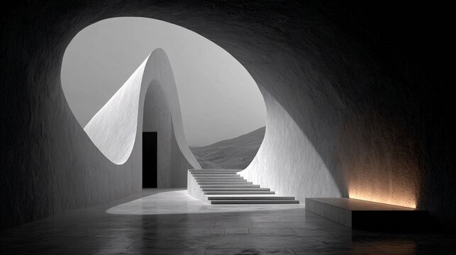 modern architectural design with curved concrete walls and staircase in minimalist setting