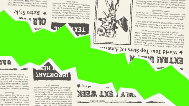 Newsprint Breakdown: A dynamic visual of torn newsprint overlaying a vibrant green space. It's a juxtaposition of traditional media and a modern color.