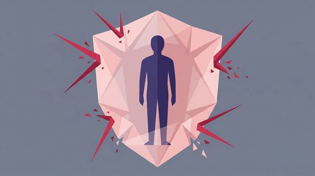 Abstract flat vector illustration of a human silhouette inside a geometric shield deflecting sharp red projectiles representing personal protection and immunity