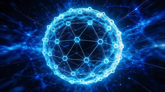 Glowing spherical network structure with connected nodes on dark purple background