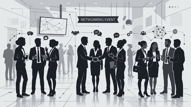 Diverse group of business professionals networking and shaking hands at a conference event.