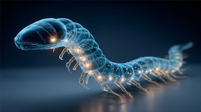 digital illustration of a centipede with glowing segments and bioluminescence effect