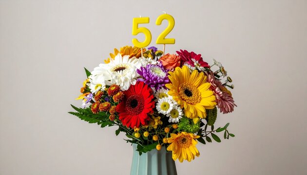 Vibrant Flower Bouquet with Number 52 for Birthday or Anniversary Celebration