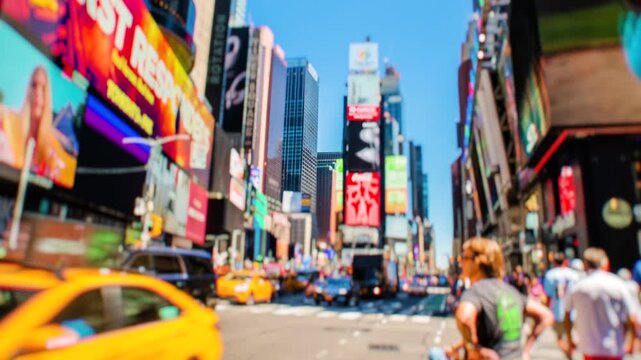 Times Square New York City Timelapse with Selective Focus. High dynamic range timelapse from raw photo files. Crazy busy people, traffic and LED walls of advertisements. 