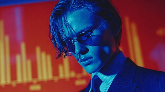 futuristic businessman with sunglasses in neon lighting environment