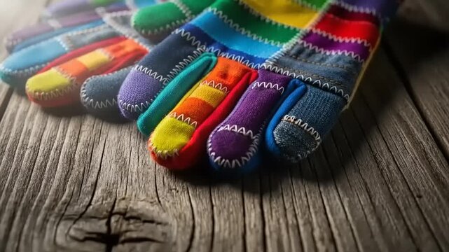 Colorful patchwork socks on wood.