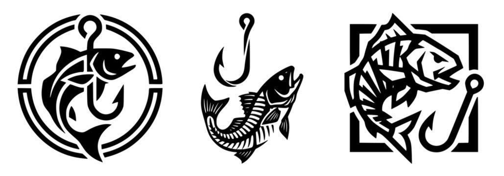 Red Drum Fishing Logo Vector Set. Black and White Redfish and Hook Silhouettes for Angling Emblems and Apparel Design