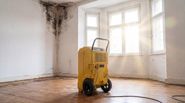 Mold Remediation - Professional Dehumidifier in a Damaged Room with Mold.