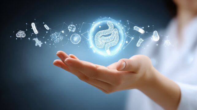 Digital representation of human digestive system health shows gut microbiome icons above a medical professional's hand.