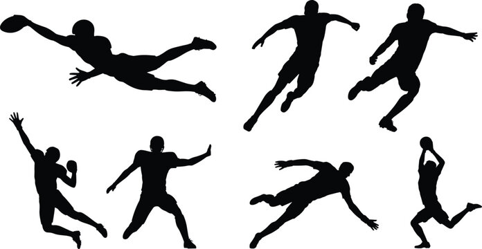 American football player silhouettes set with dynamic action poses isolated on white background for sports design use