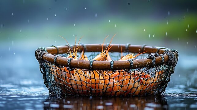 Fresh Raw Crayfish or Shrimp in a Fishing Net Basket During Rain.
