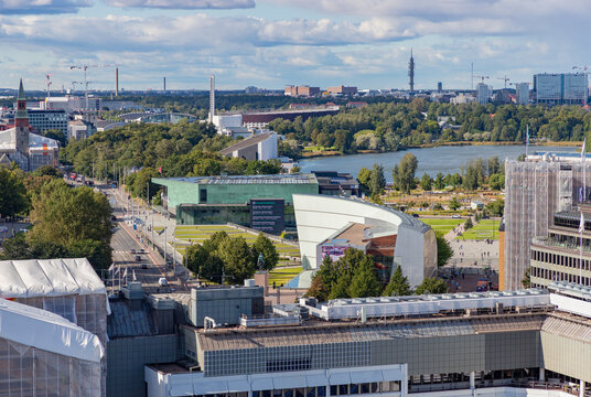 Helsinki, Finland - August 20, 2025: A picture of the Museum of Contemporary Art Kiasma, with the Musiikkitalo music hall on the far left.
