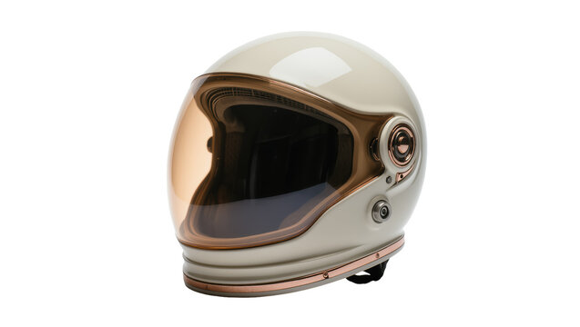 Cream full face motorcycle helmet with copper trim and amber visor, isolated on transparent background