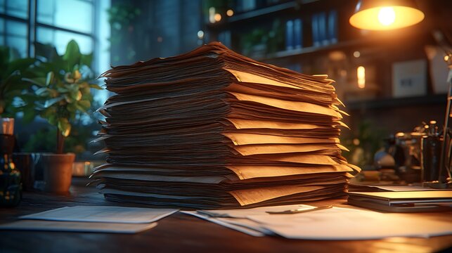 Large Stack of Documents on an Office Desk in a Cozy Evening Atmosphere.