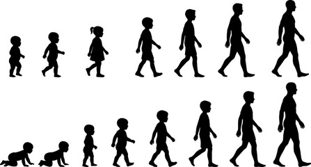 Human life cycle silhouette collection showing stages of growth from crawling baby to toddler, child, teenager, and adult man isolated on white background.