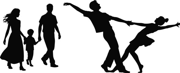 Black silhouette of family walking together and couple dancing in romantic pose isolated on white background