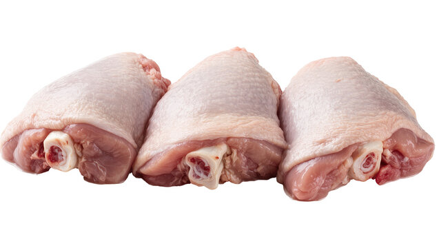 Three raw chicken thighs with visible bone and skin, isolated on transparent background