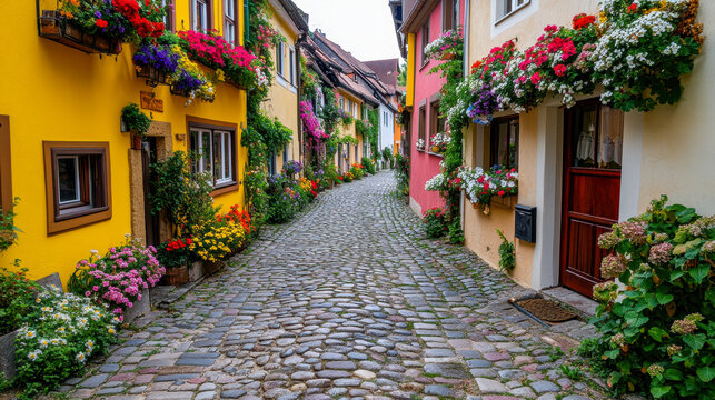 A vibrant cobblestone street in a European old town, featuring colorful facades and blooming flower boxes in warm afternoon light.
