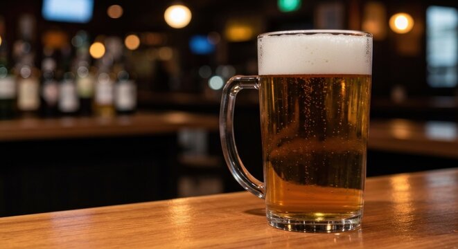 A glass mug of light-colored beer sits on a wooden bar top,  blurred background of a bar