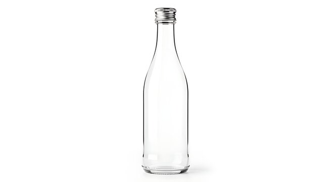 Empty tall clear glass bottle with silver screw cap on plain white background