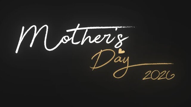 Mother's Day 2026: An elegant cursive script spells out Mother's Day 2026, set against a smooth dark backdrop, with a delicate heart symbol. 