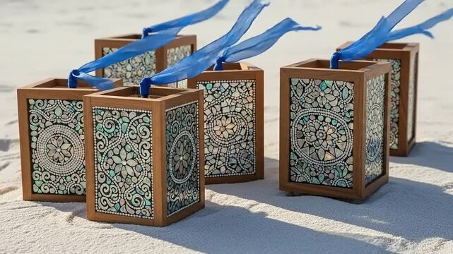 Decorative boxes with blue ribbon.