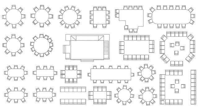 Collection of Top-View Table and Chair Layouts for Event Planning and Venue Design