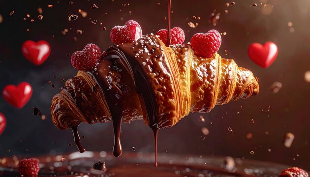 Croissant glazed with chocolate, topped with berries and floating hearts