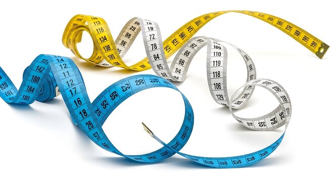 Three colorful measuring tapes rolled and curled on white background