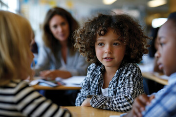 Obraz premium Pensive Child Engaged in Classroom Discussion with Peers, Educational Communication and Collaboration, Thoughtful Learning Environment, Student Interaction and Engagement