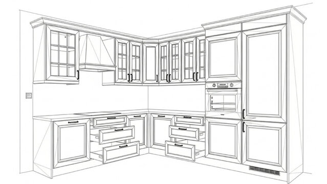 Architectural blueprint wireframe illustration of a contemporary corner kitchen interior design concept for planning