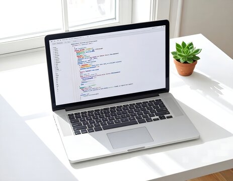 Laptop on White Desk Showing Program Code Screen