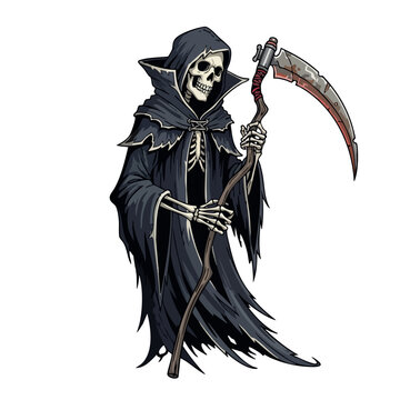 Grim Reaper Holding Scythe With Skeleton Face And Black Robes.