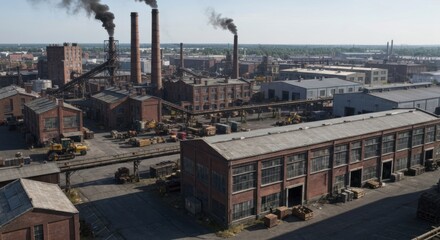 Fototapeta premium An aerial view of a sprawling industrial complex. Large brick buildings, smokestacks billowing dark smoke, and machinery are visible in a vast open area