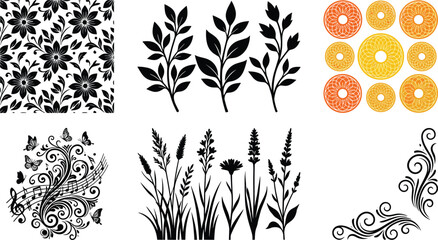 Obraz premium Collection of botanical silhouettes featuring floral patterns, leaf branches, musical flourishes, meadow grass, and elegant scroll ornaments.