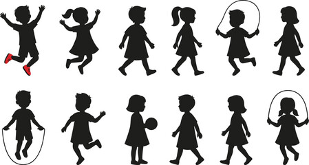 Large collection of black silhouettes featuring active children jumping, walking, playing ball, and skipping rope isolated on a white background for educational or community projects. © Abdul
