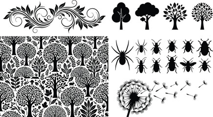 Diverse black nature silhouette collection featuring various tree icons, forest patterns, insect set, floral ornaments, and a blowing dandelion. © Najmin