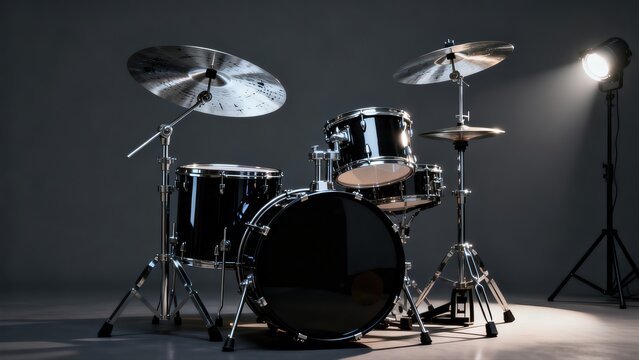 Full set of glossy black drum kit with silver chrome hardware and cymbals lit by studio spotlight against plain dark gray background for percussion display