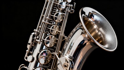 Obraz premium Close up detailed view of polished silver saxophone with ornate engraved keys and flared bell against plain black background showing beautiful brass instrument details