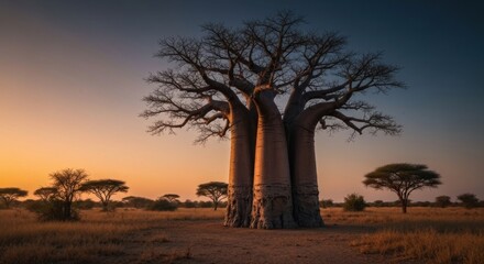 Fototapeta premium Baobab tree at sunrise. Golden light on savanna