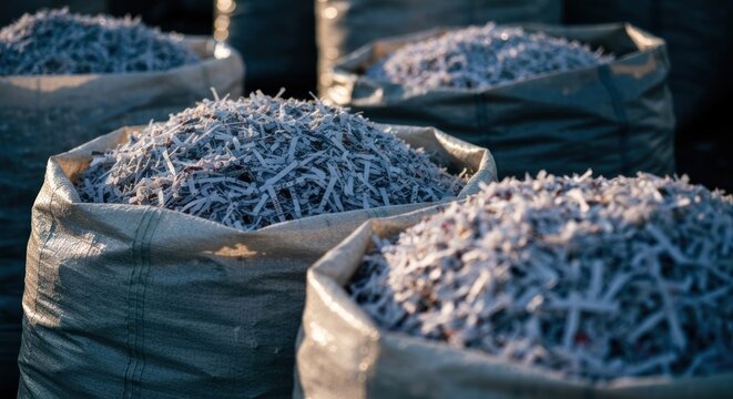 Bags filled with shredded paper.  Close-up view
