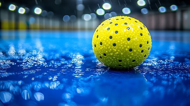Wet Yellow Pickleball Ball Resting on a Blue Indoor Court Floor.