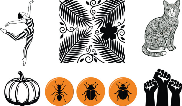 Diverse graphic design collection featuring a graceful ballerina silhouette, tropical leaf patterns, zentangle cat art, and protest fist icons.