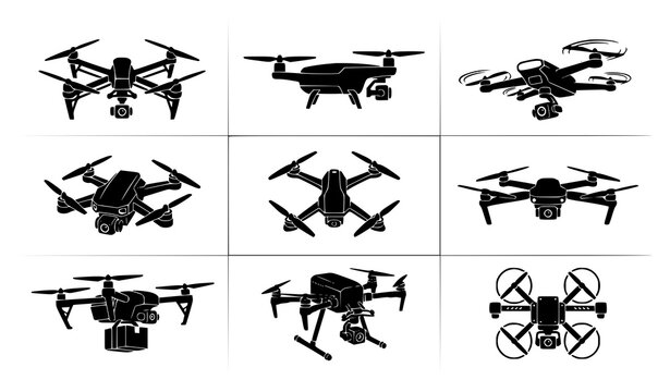 Drone camera icon set quadcopter silhouette vector illustration