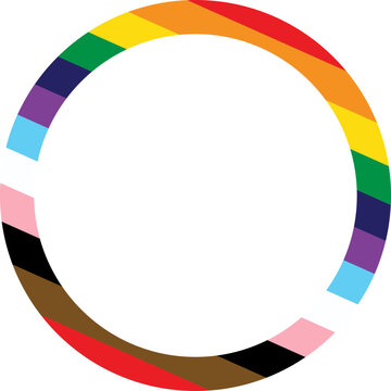 Progress pride flag circular border frame, inclusive LGBTQ+ rainbow stripes in round design, decorative element for social media profile pictures